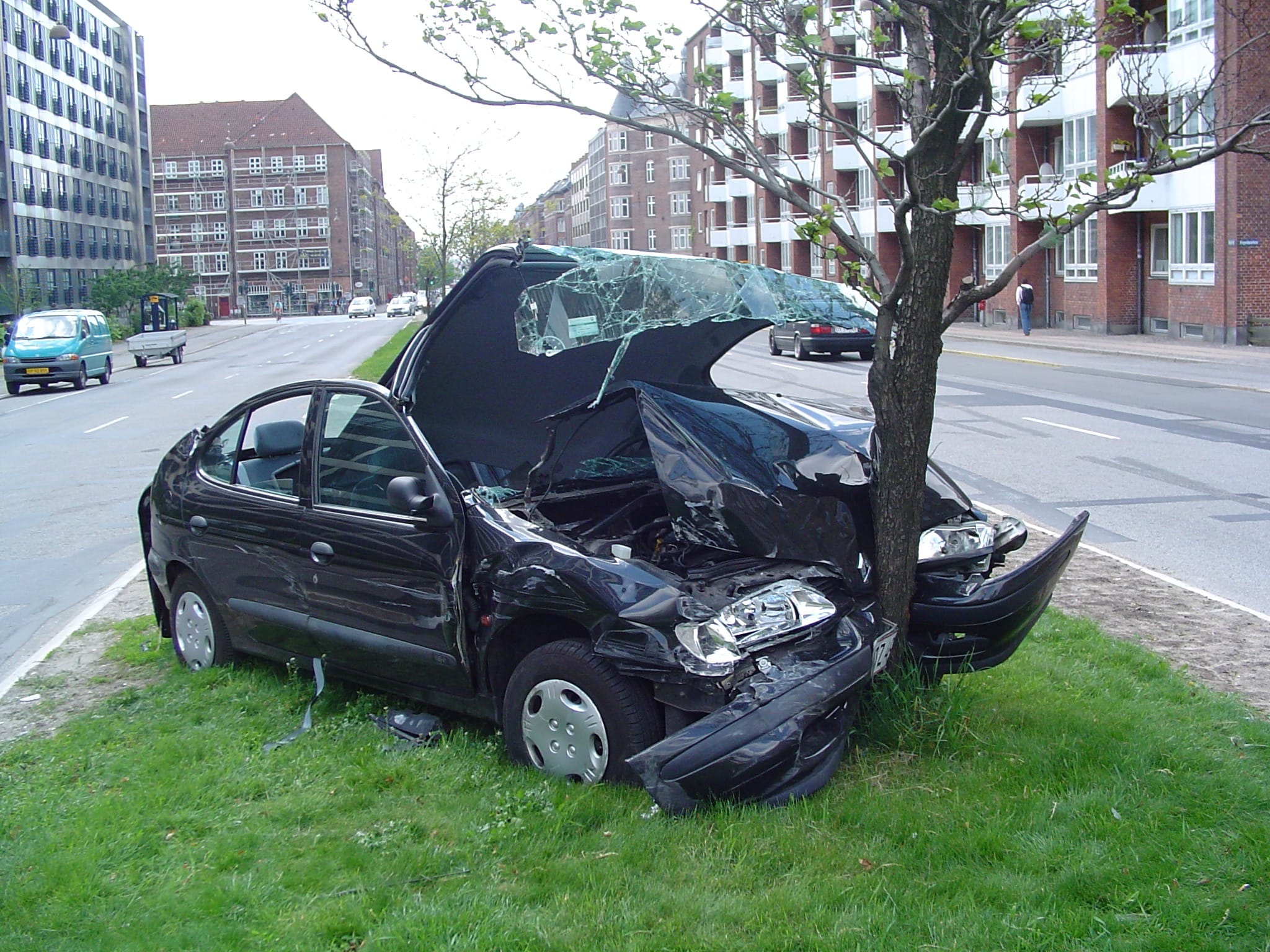 Car smashed into tree during the day