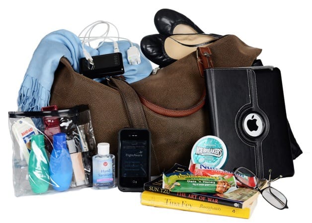 Carry on essentials, including bag, ipad, toiletries