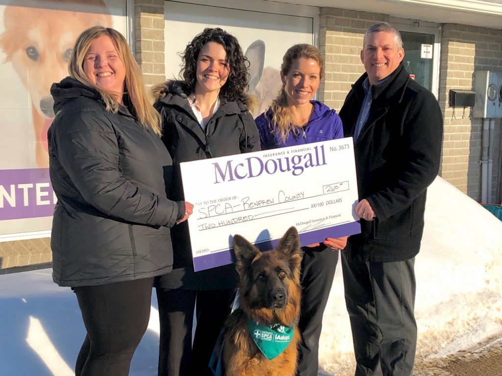 McDougall Insurance donation to SPCA Renfrew