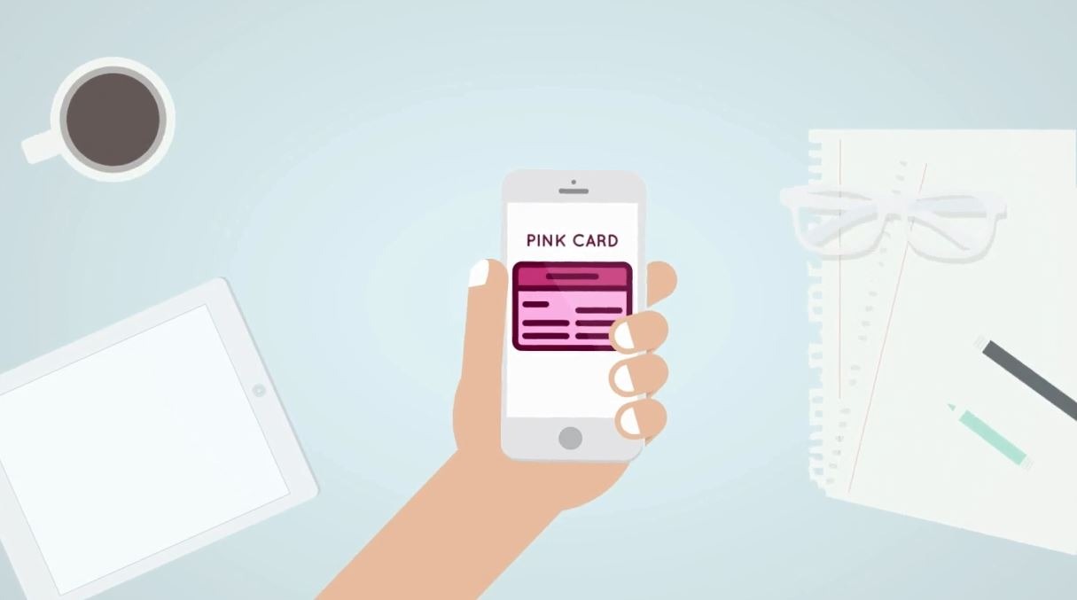 Gif of hand holding digital pink insurance card screen on a mobile phone