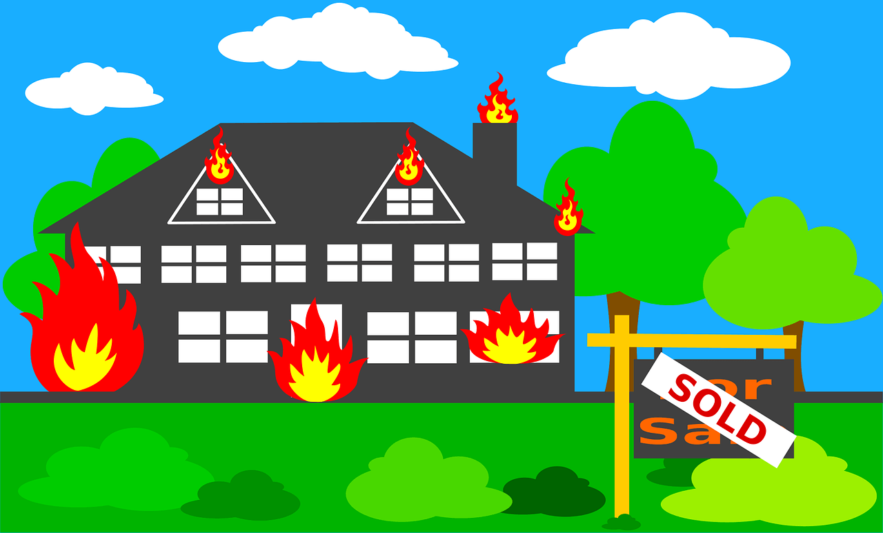 Graphic of home on fire with Sold sign on lawn