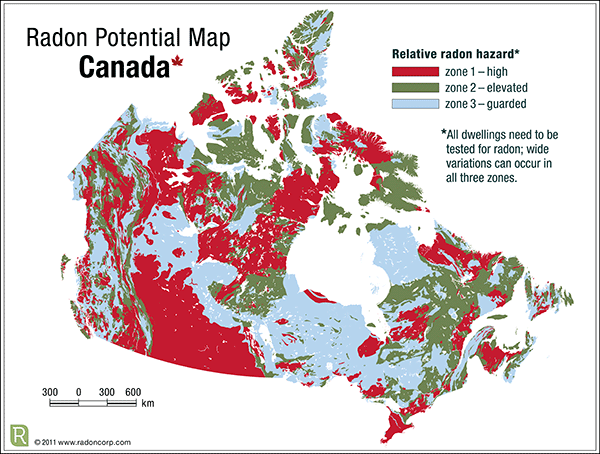 A map of Canada showing where Radon levels are the highest