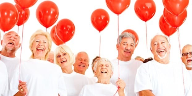 Old people red balloons