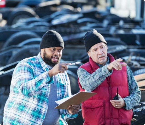 Workers at a trucking company, standing in front of a fleet of semi-trucks, conversing. An African-American man in his 30s is holding a clipboard, giving directions to his coworker, a senior Hispanic man in his 60s.