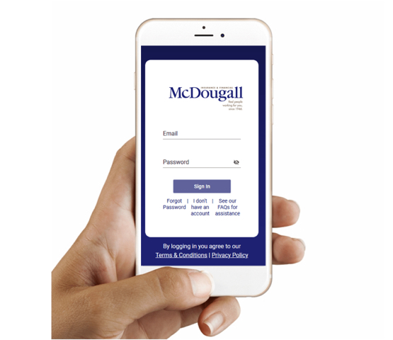 McDougall app sign in page, person holding mobile in hand