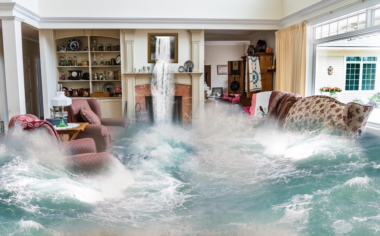 Living room flooded with water and flowing rapidly