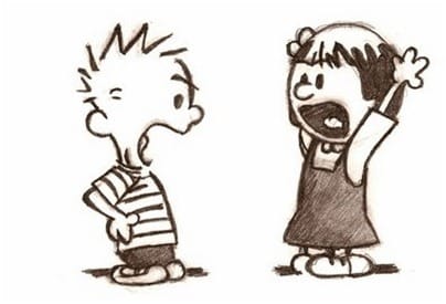 Cartoon graphic of two kids having a debate