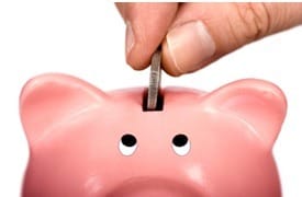 Graphic of hand putting a coin in a pink piggy bank