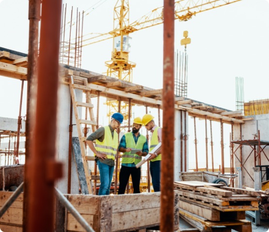 Construction industry concept - architects and engineers discussing work progress between concrete walls, scaffolds and cranes.